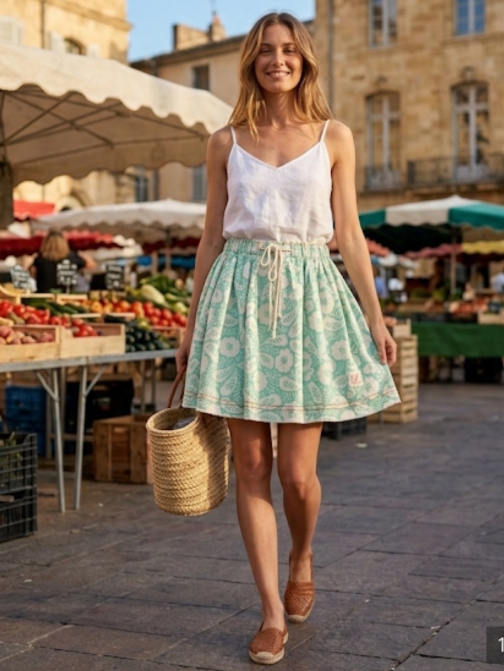 Lema French Market Skirt Cotton Rope Waist Tied Flirty Floral Green Skirt Sz M